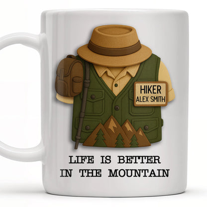 Personalized hiker coffee mug featuring a custom name tag, hiking vest design, and mountains for outdoor lovers image 7