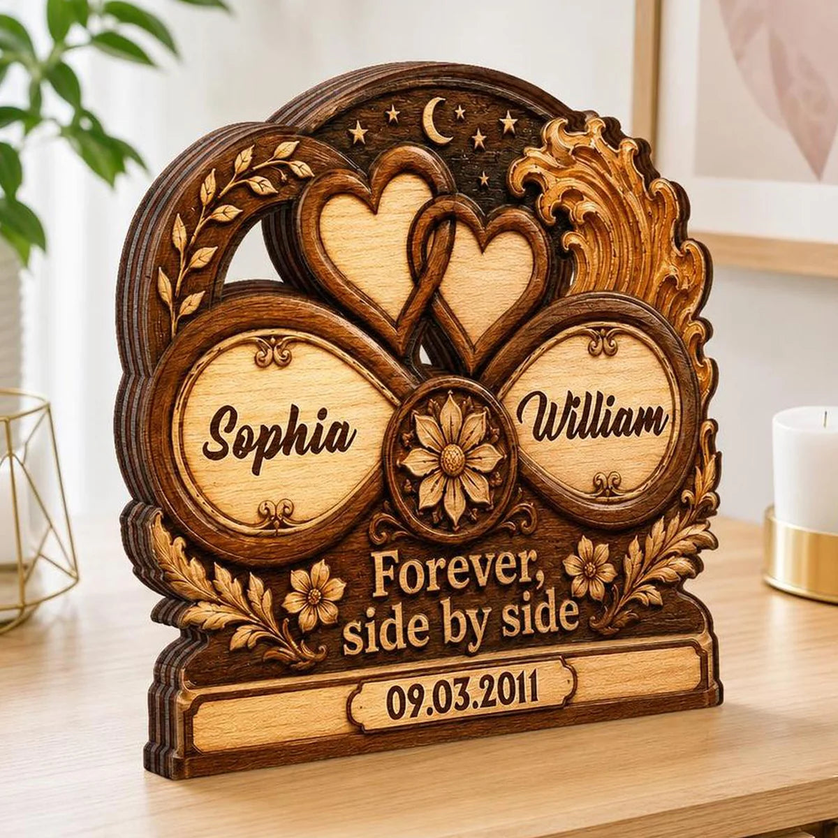 Forever Side By Side Personalized Couple Wooden Block - Custom Anniversary Gift for Wife, Husband