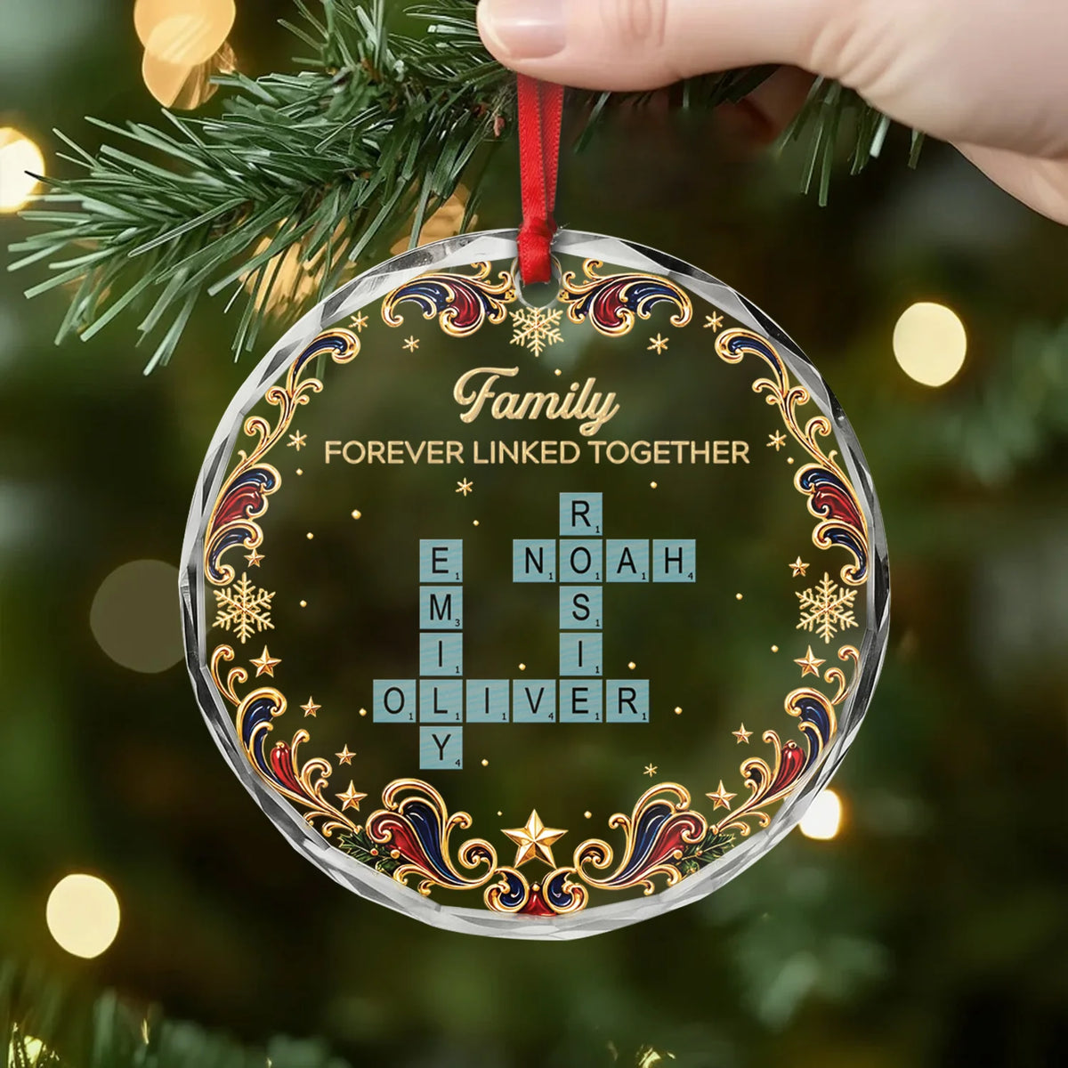 Brothers & Sisters Forever Linked Together Crossword Glass Ornament - Personalized Family Christmas Keepsake