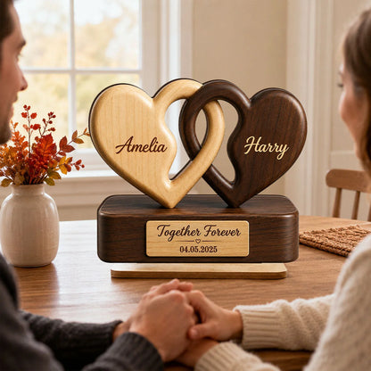 "Together Forever" Interlocking Hearts Personalized Wooden Plaque - Custom Couple Gift for Anniversary