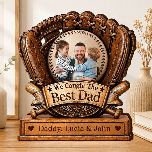 Custom dad baseball plaque designed as a layered wooden baseball glove with personalized names for father's day gift