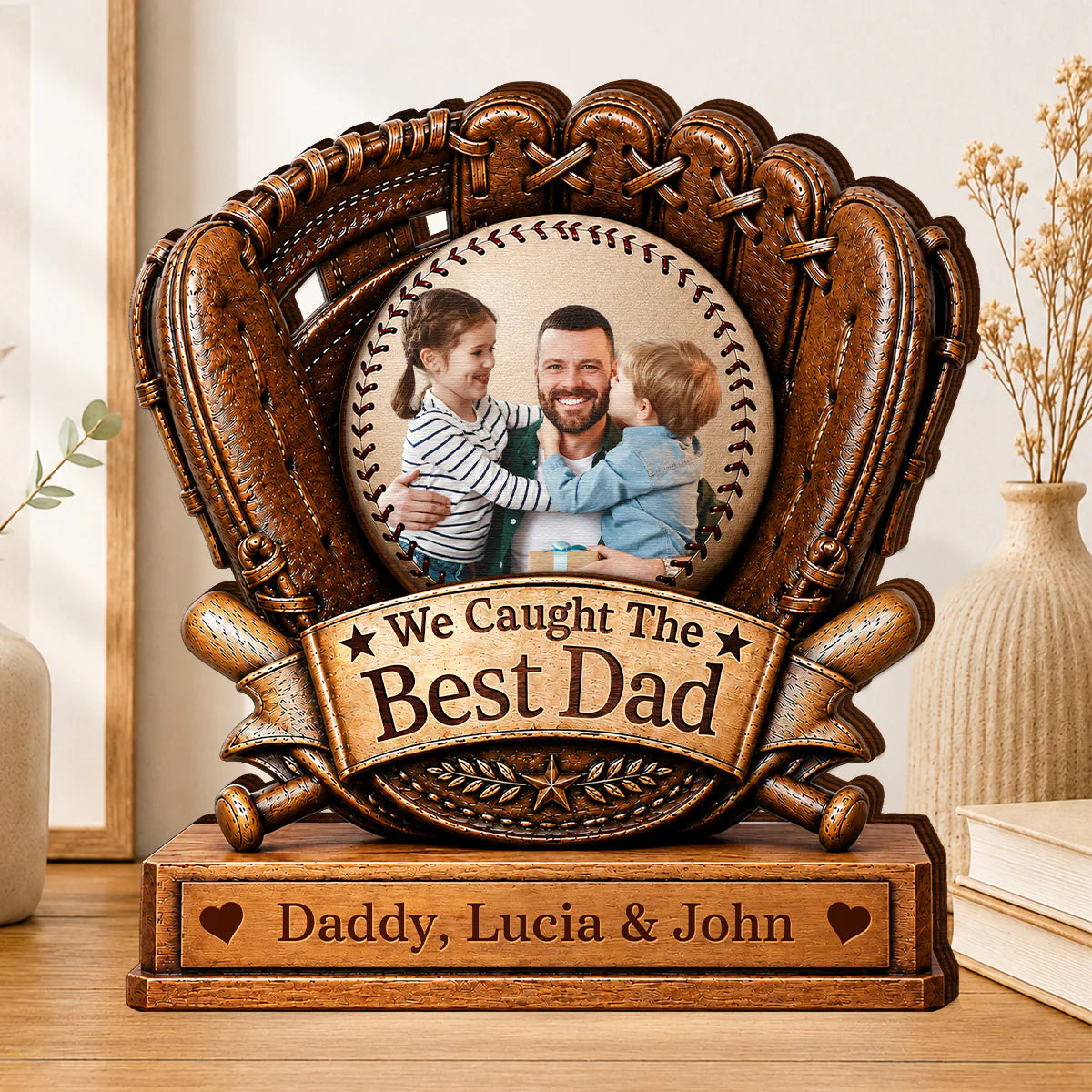 Custom dad baseball plaque designed as a layered wooden baseball glove with personalized names for father's day gift