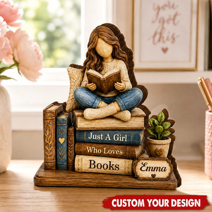 Just A Girl Who Loves Books Personalized Wooden Block -  Custom Desk Decor for Book Lovers