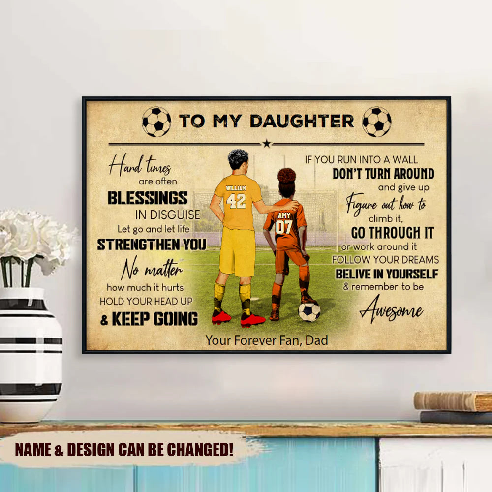 Personalized soccer canvas wall art featuring a father and child looking at the field, a unique sports gift for dad