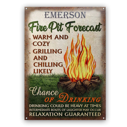 "Fire Pit Forecast" Personalized Metal Sign - Custom Outdoor Backyard & Campfire Decor Gift