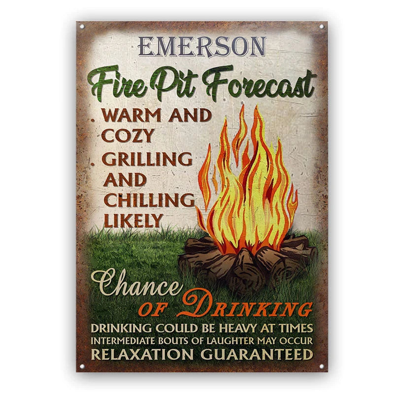 "Fire Pit Forecast" Personalized Metal Sign - Custom Outdoor Backyard & Campfire Decor Gift