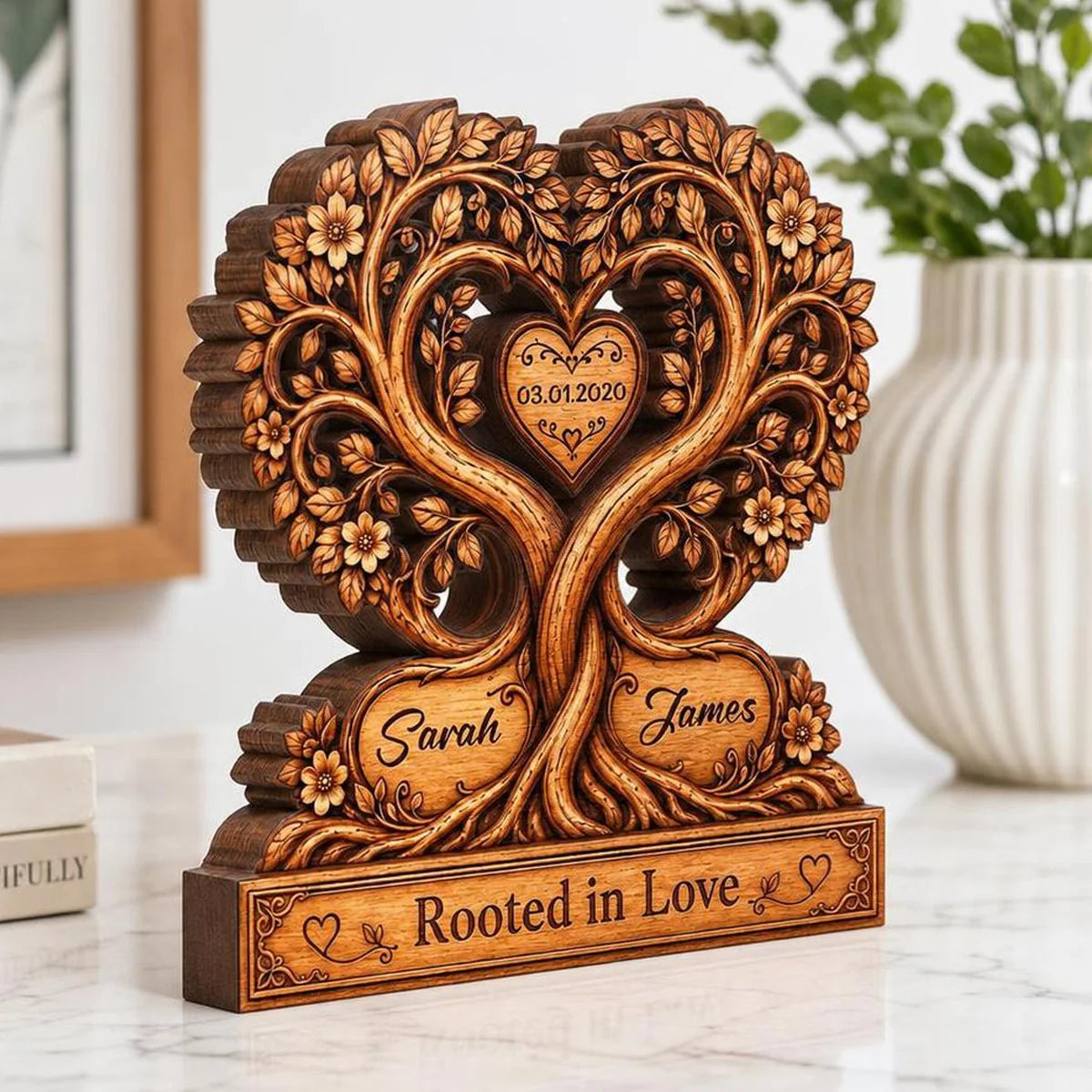 Rooted In Love Heart Tree Personalized Couple Wooden Block - Custom Anniversary Gift