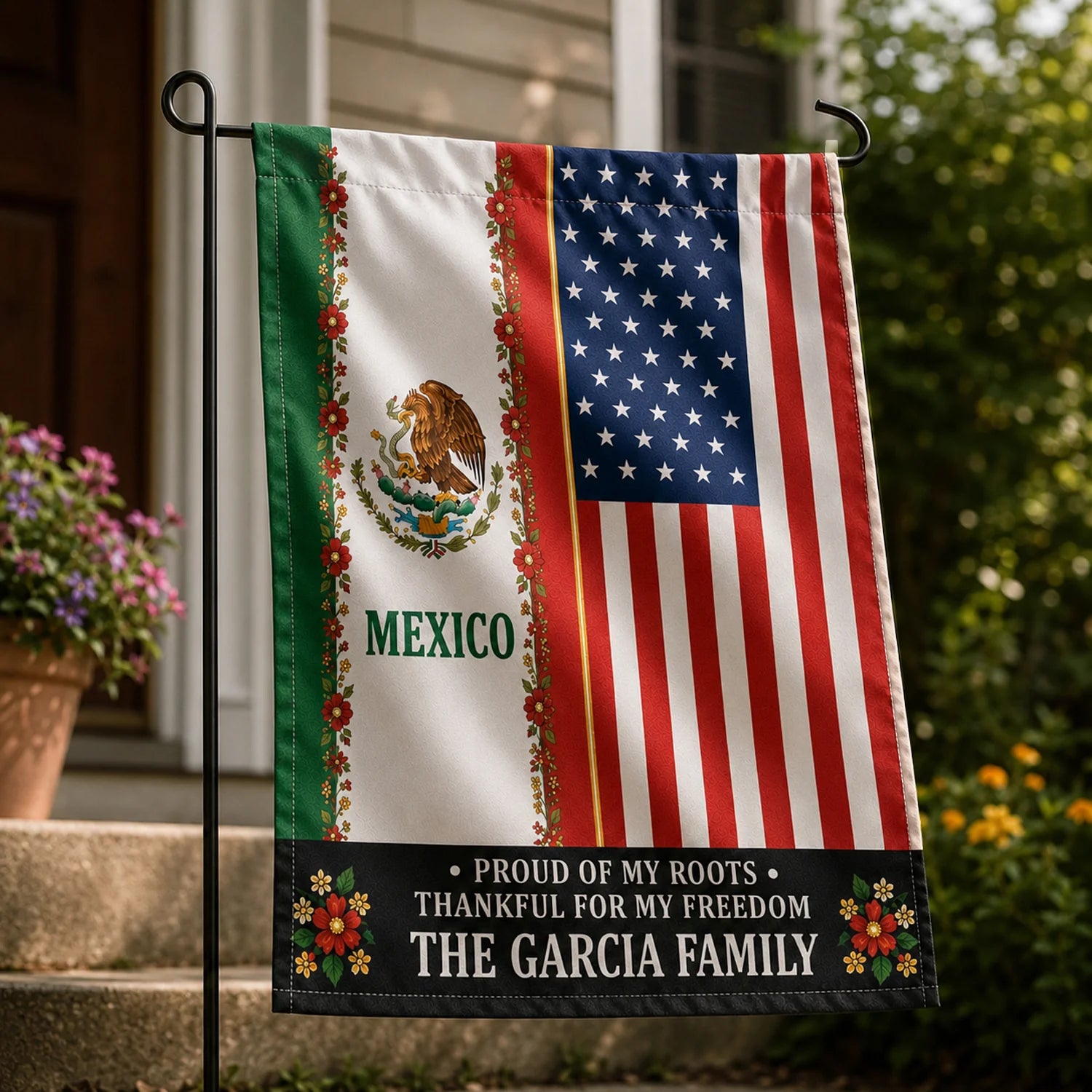 Proud Of My Roots Custom Mexico USA Family Garden Flag - Personalized Mexican American Heritage Outdoor Decor
