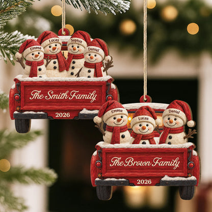 Personalized Red Truck Snowman Christmas Ornament - Custom Wooden Family Keepsake Gift