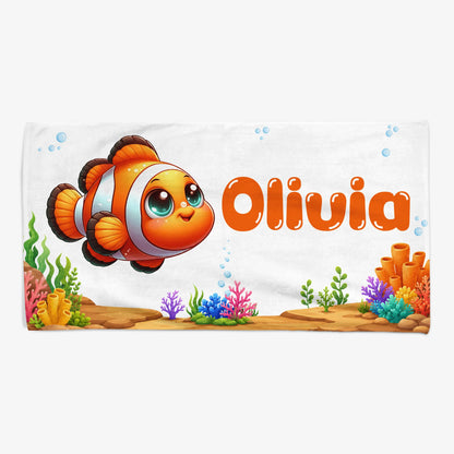 Cute Cartoon Fish Personalized Kids Beach Towel - Custom Name for Summer Vacation and Pool Days