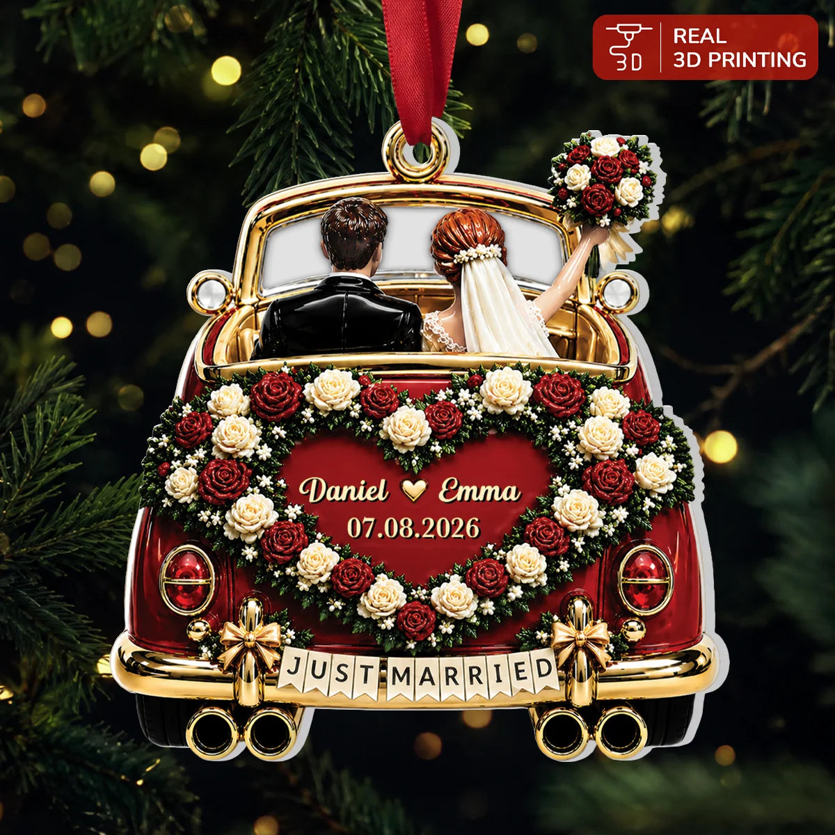 Just Married Car Personalized Acrylic Ornament - Custom Wedding Keepsake Gift for Couples