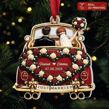Just Married Car Personalized Acrylic Ornament - Custom Wedding Keepsake Gift for Couples