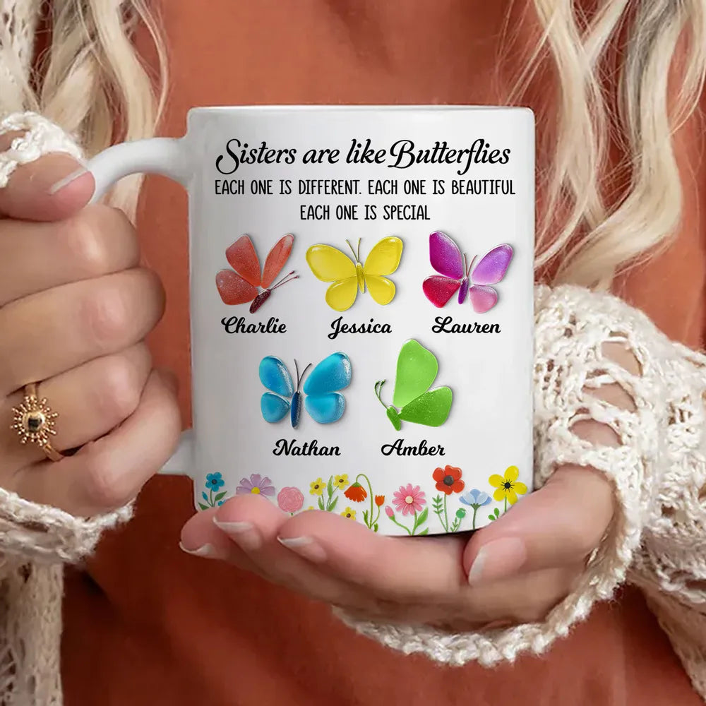Sisters Are Like Butterflies – Personalized Ceramic Mug for Sister, Custom 3D Sea Glass Gift for Siblings