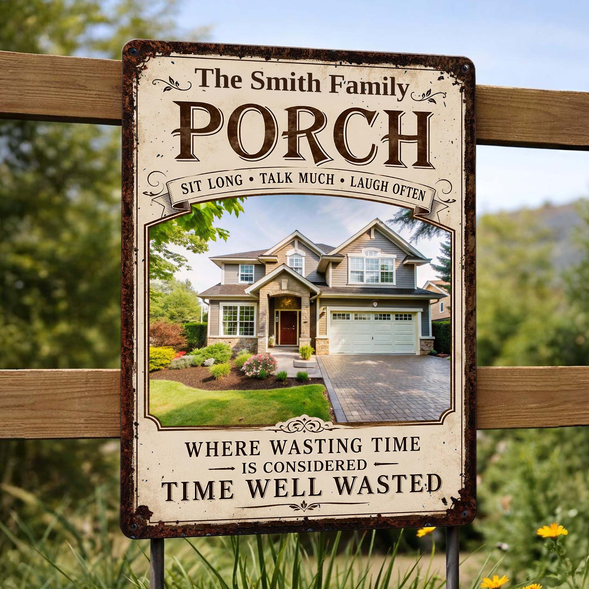 Personalized porch sign with photo print and rustic family name design for outdoor home decor image 7