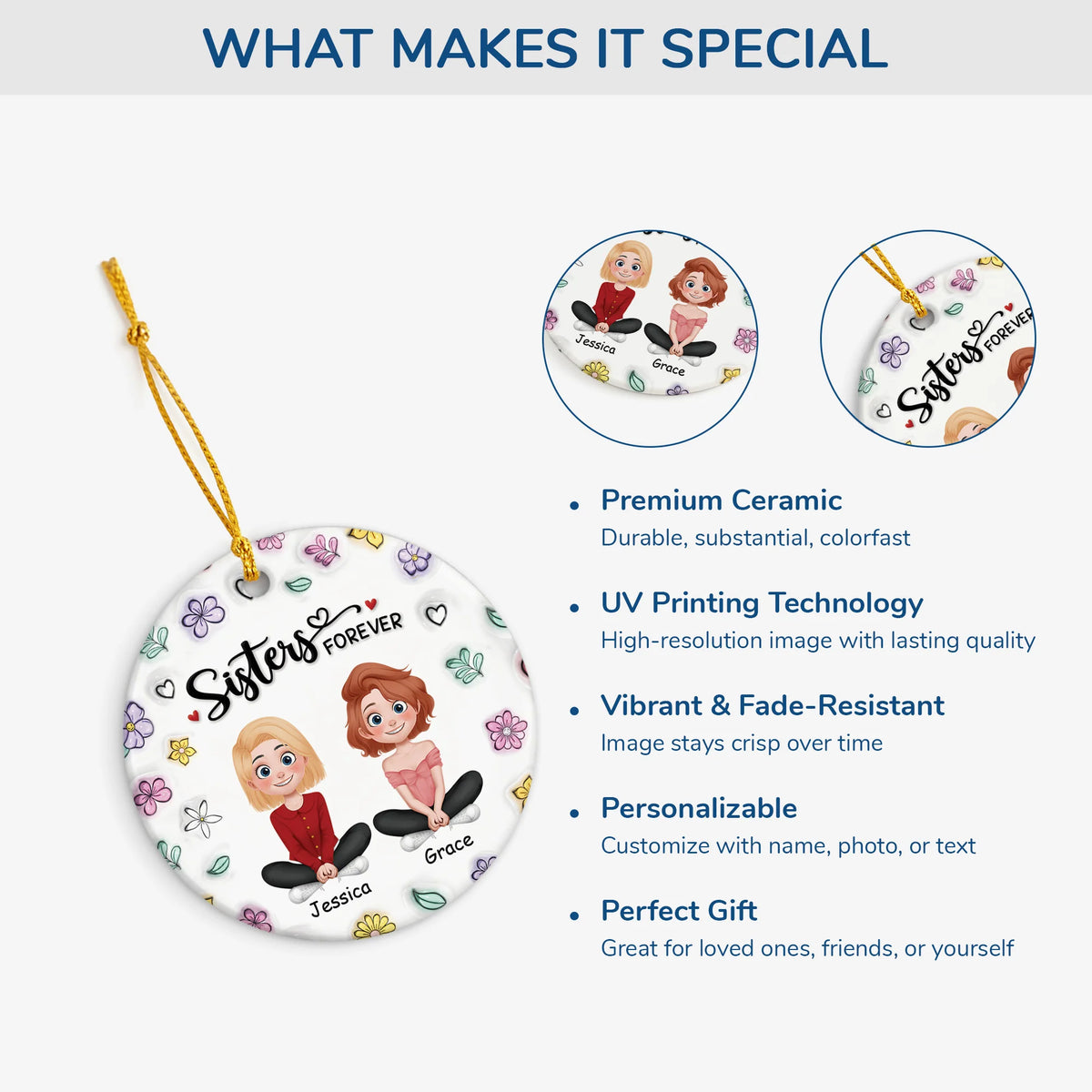Sisters Forever Personalized Ceramic Ornament - Best Friend Sister Christmas Gift