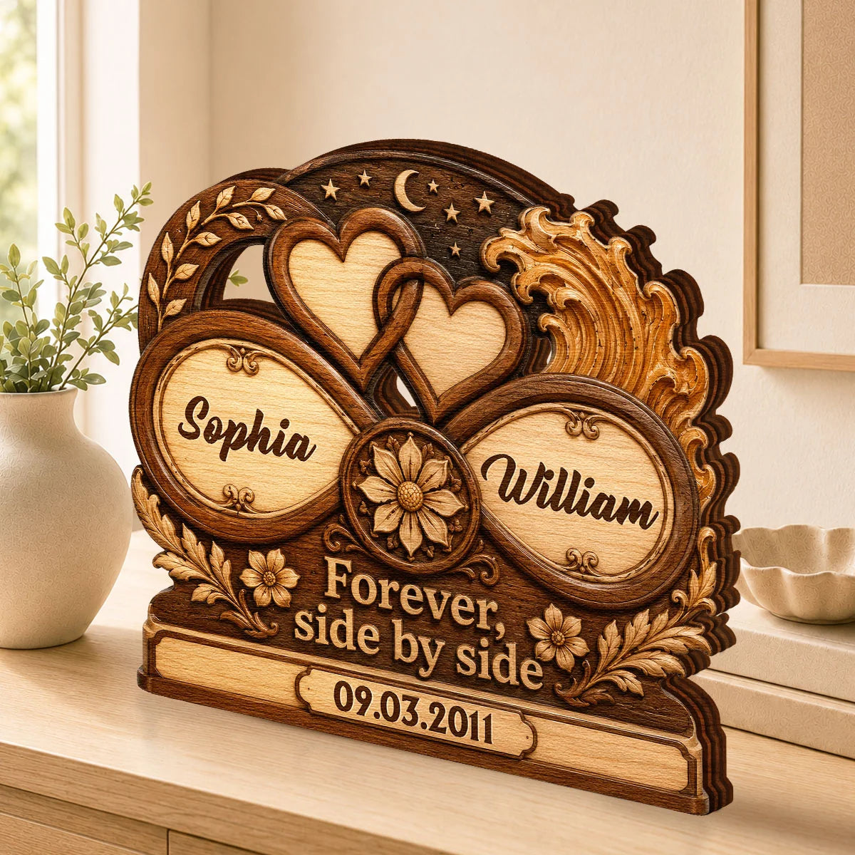 Forever Side By Side Personalized Couple Wooden Block - Custom Anniversary Gift for Wife, Husband