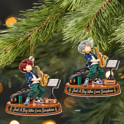 "Just A Boy Who Loves Saxophone" Personalized Acrylic Ornament - Custom Christmas Gift for Son or Grandson