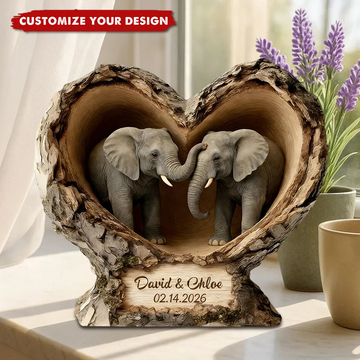 Elephant Heart Custom Shaped Wooden Block - Personalized Anniversary Gift for Couples