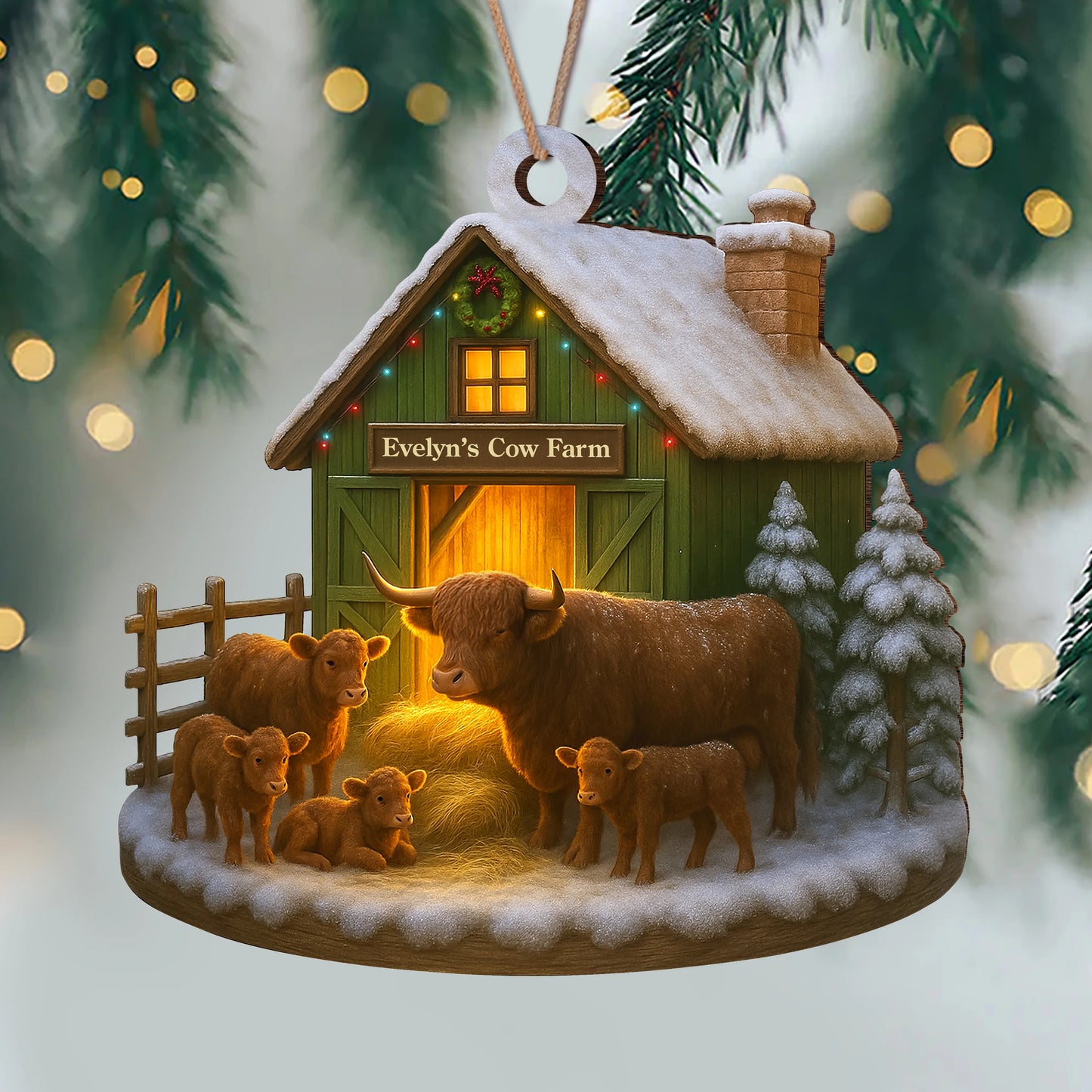 Custom Name Highland Cow Farm Wood Ornament - Personalized Farmhouse Christmas Tree Decoration and Holiday Keepsake Gift