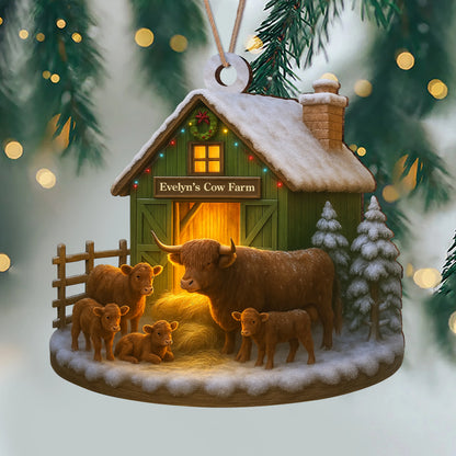 Custom Name Highland Cow Farm Wood Ornament - Personalized Farmhouse Christmas Tree Decoration and Holiday Keepsake Gift