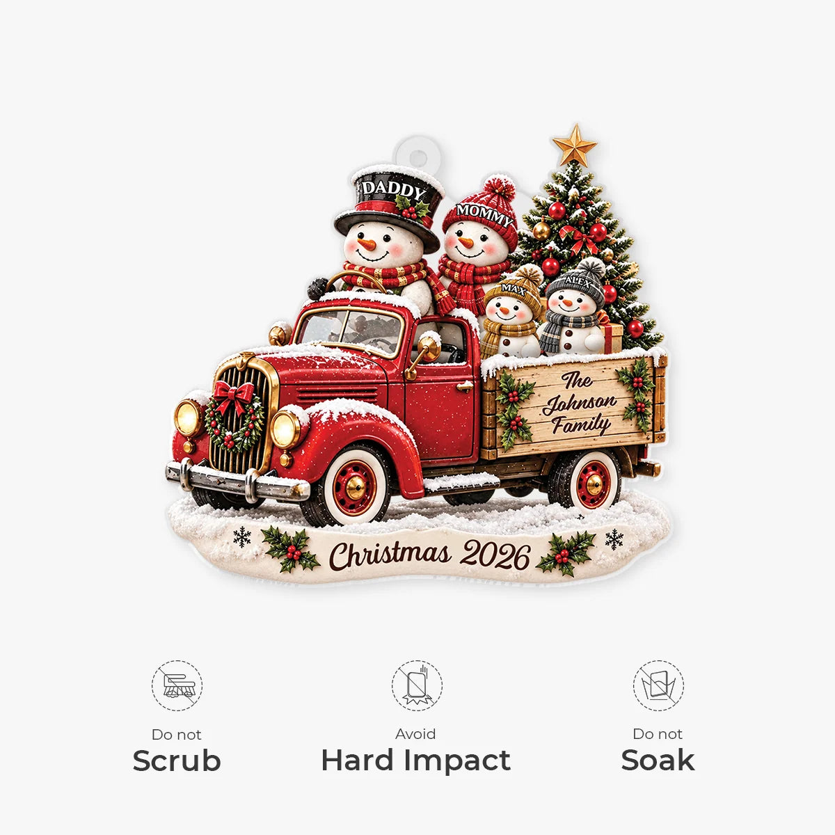 Snowman Family Red Truck Personalized Acrylic Ornament - Christmas Keepsake for Family
