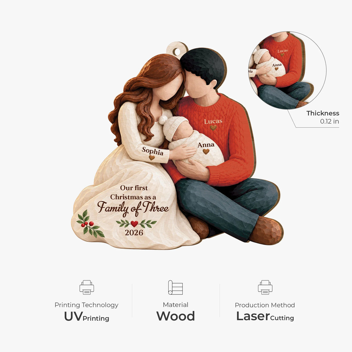Our First Christmas as a Family of Three - Personalized Wooden Ornament for New Mom Dad Holiday Keepsake