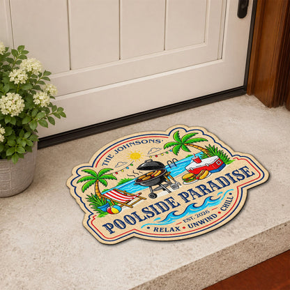 Custom Poolside Paradise doormat featuring palm trees and BBQ grill for family patio decor image 7