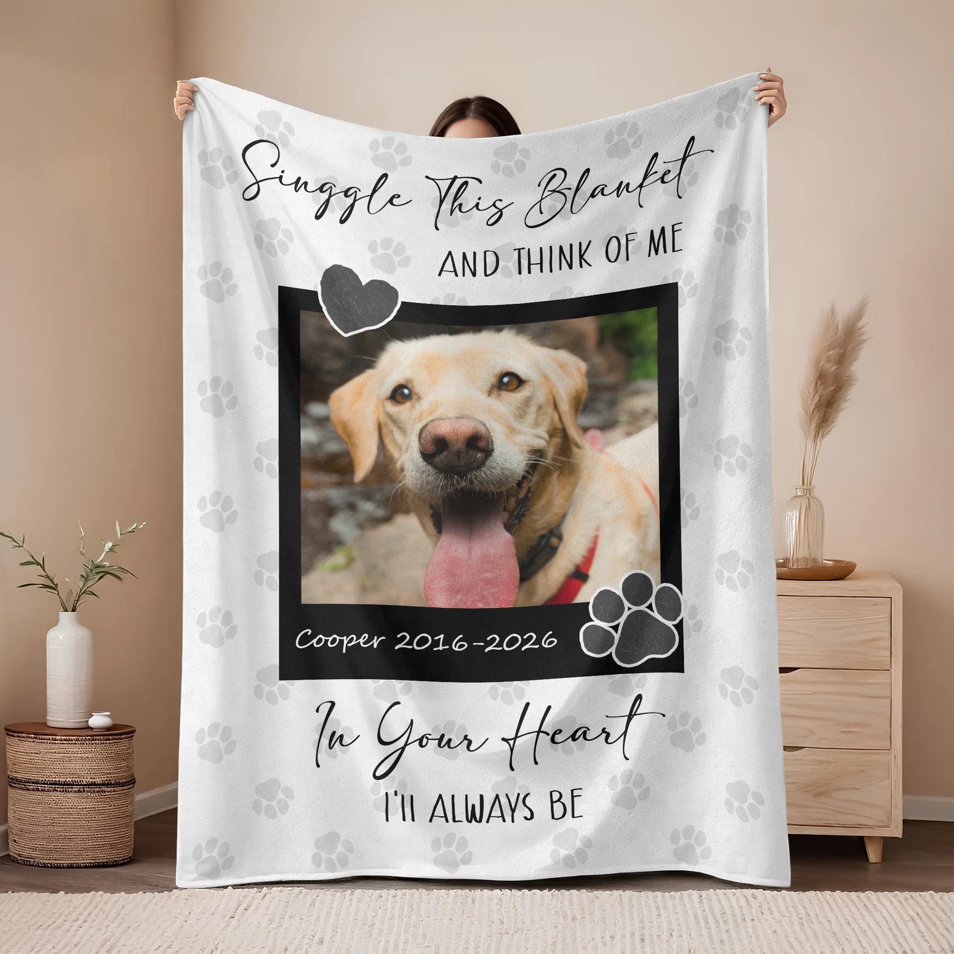Personalized dog memorial blanket with custom photo print and remembrance quote for pet loss gift