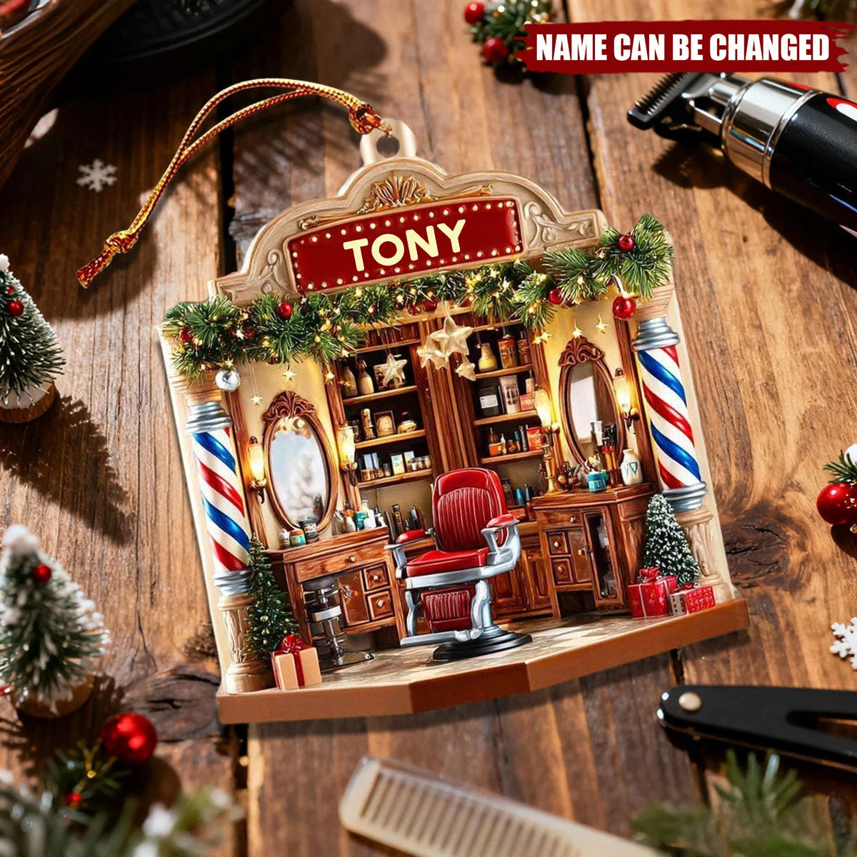 Vintage Barber Shop Scene Personalized Wooden Ornament - Christmas Tree Decor Gift for Hair Stylists