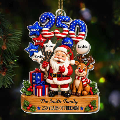 "250 Years Of Freedom" Personalized Family Acrylic Ornament - Santa Reindeer Christmas Keepsake