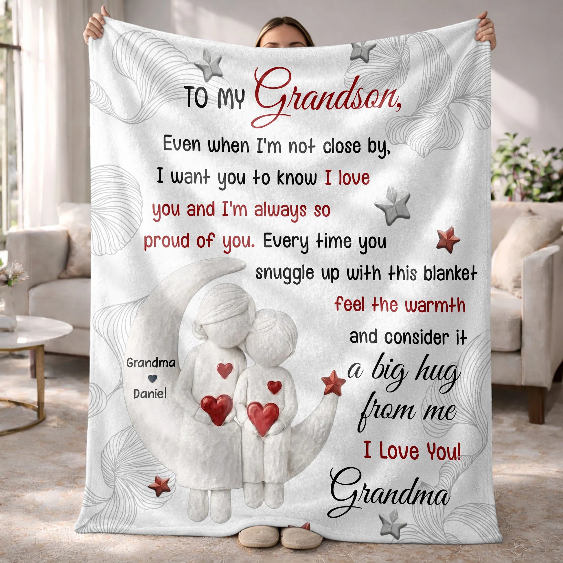 Personalized grandson blanket with moon stars design and love quote from grandma - cozy custom throw gift