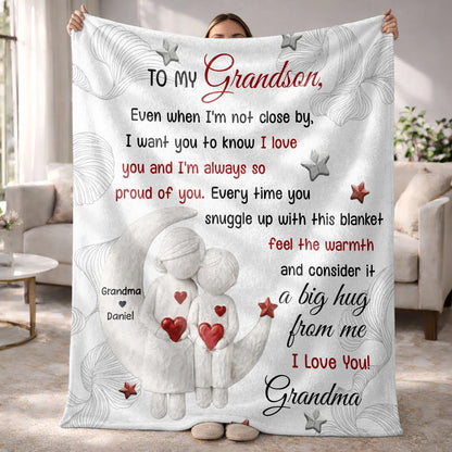 Personalized grandson blanket with moon stars design and love quote from grandma - cozy custom throw gift