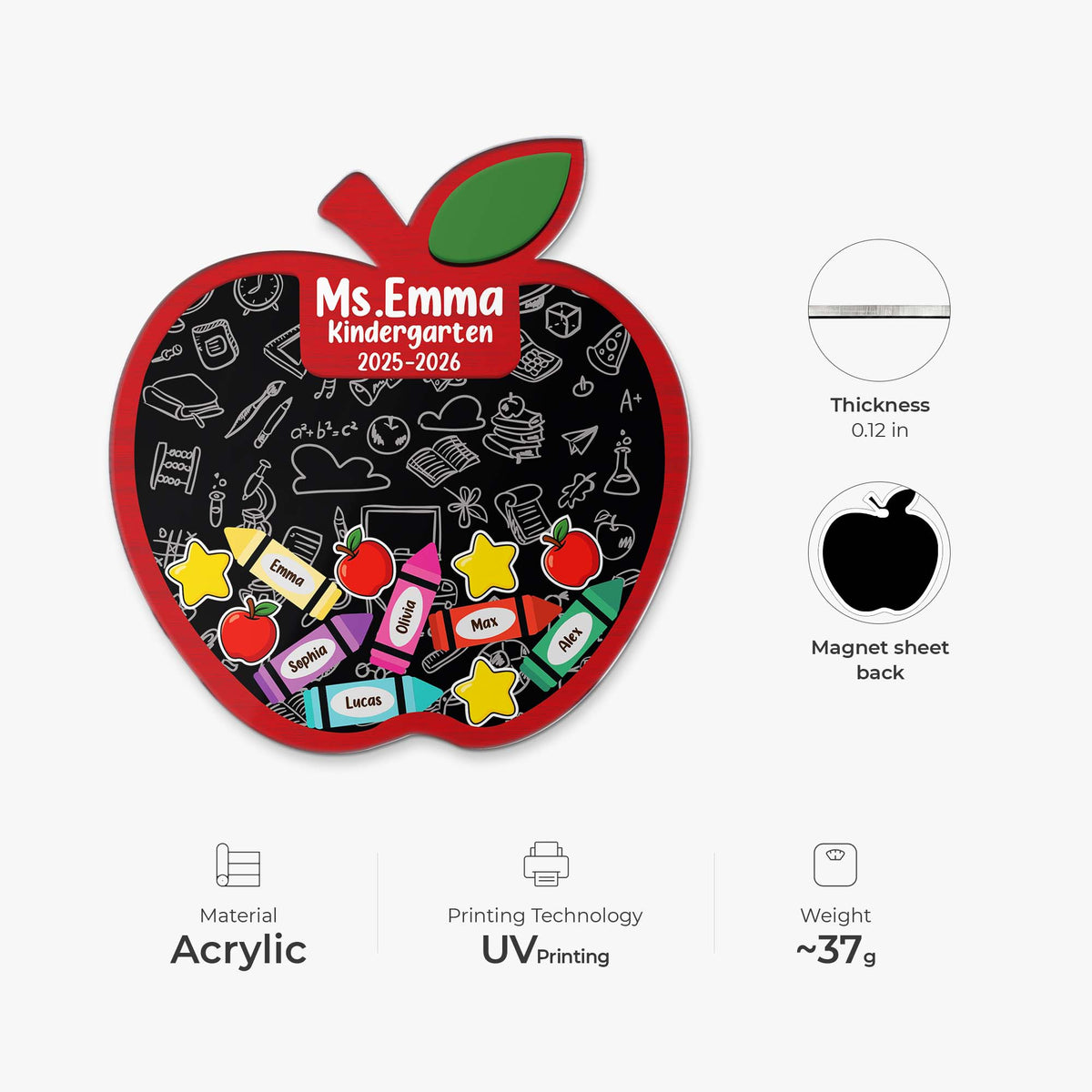 Personalized Teacher Apple Acrylic Magnet - Custom Classroom Keepsake Gift for Teacher