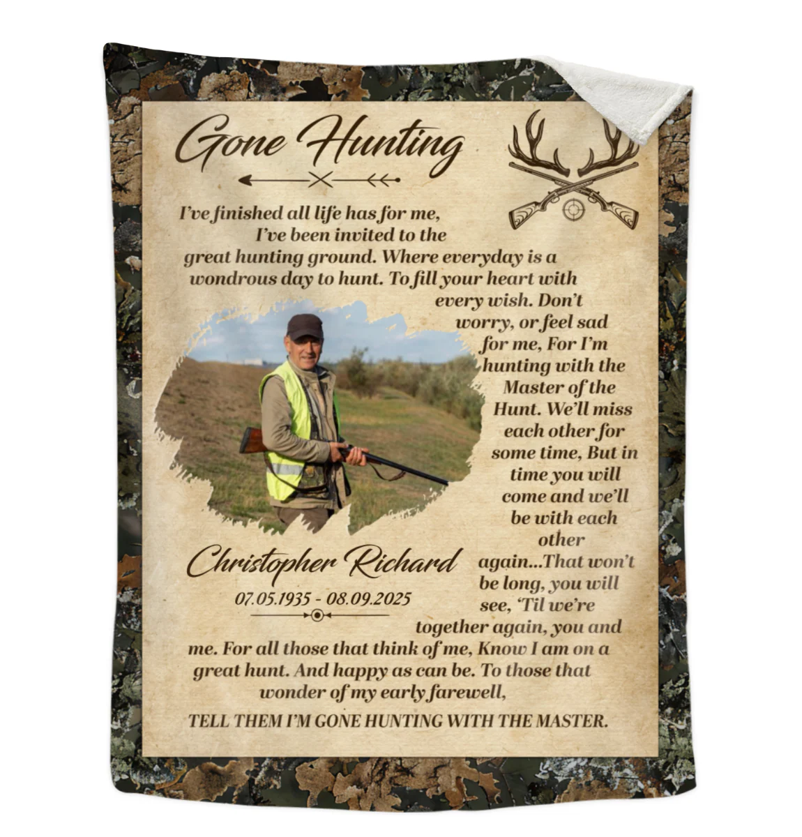 Personalized hunter memorial blanket with custom photo print and Gone Hunting quote for sympathy remembrance gift image 8