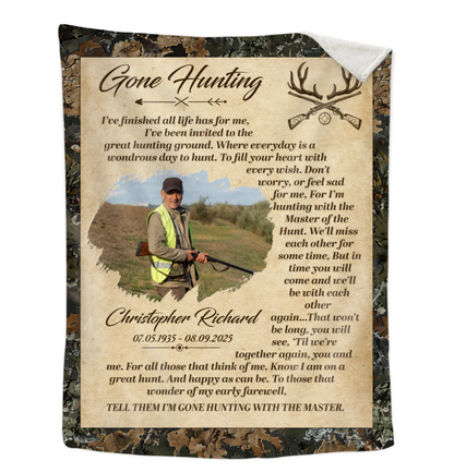 Personalized hunter memorial blanket with custom photo print and Gone Hunting quote for sympathy remembrance gift image 8