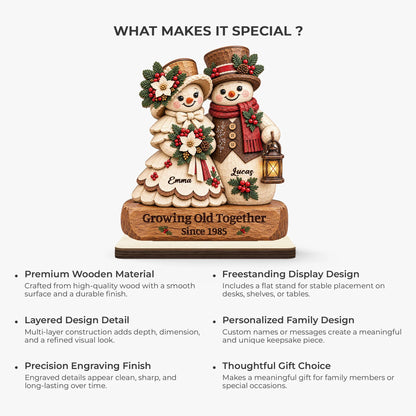Growing Old Together Personalized Snowman Couple Wooden Plaque - Custom Rustic Christmas Keepsake Gift for Couples