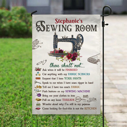 Personalized sewing room rules garden flag featuring a vintage sewing machine design for craft lovers