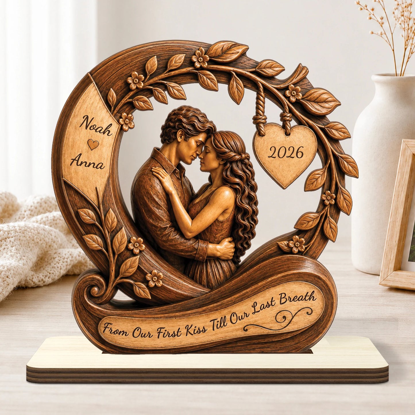 "From Our First Kiss Till Our Last Breath" Personalized Wooden Plaque - Custom Couple Gift for Wife & Husband