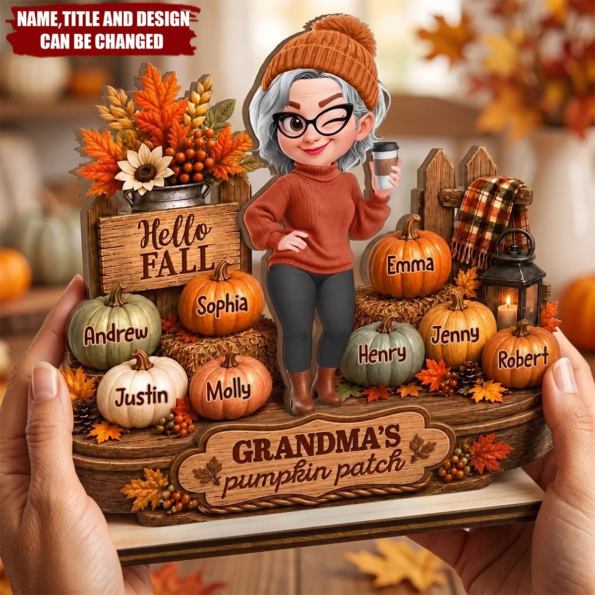 "Grandma's Pumpkin Patch" Personalized 2-Layer Wooden Plaque - Custom Fall Decor Gift for Mom & Grandma