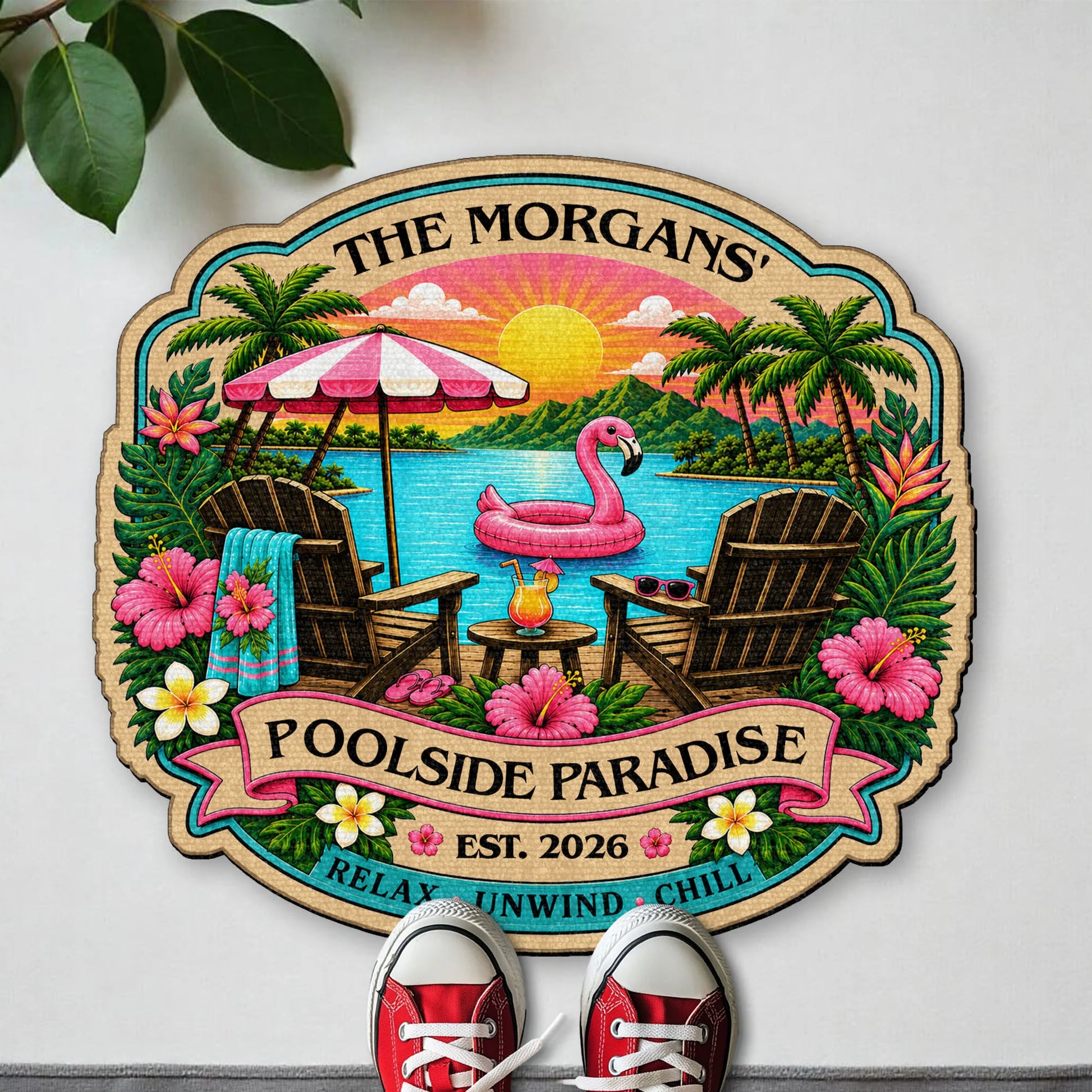 Custom shaped doormat featuring tropical flamingo poolside paradise design for outdoor summer decor image 6