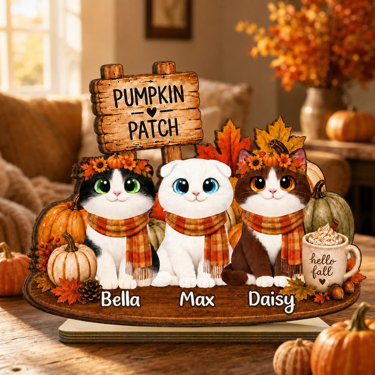 Fall Pumpkin Patch Personalized Cat Wooden Plaque - Custom Autumn Decor Gift for Cat Lovers