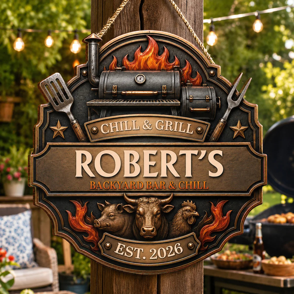 Chill & Grill Personalized BBQ Smokehouse Wood Sign - Custom Backyard Bar Door Hanger Gift for Dad