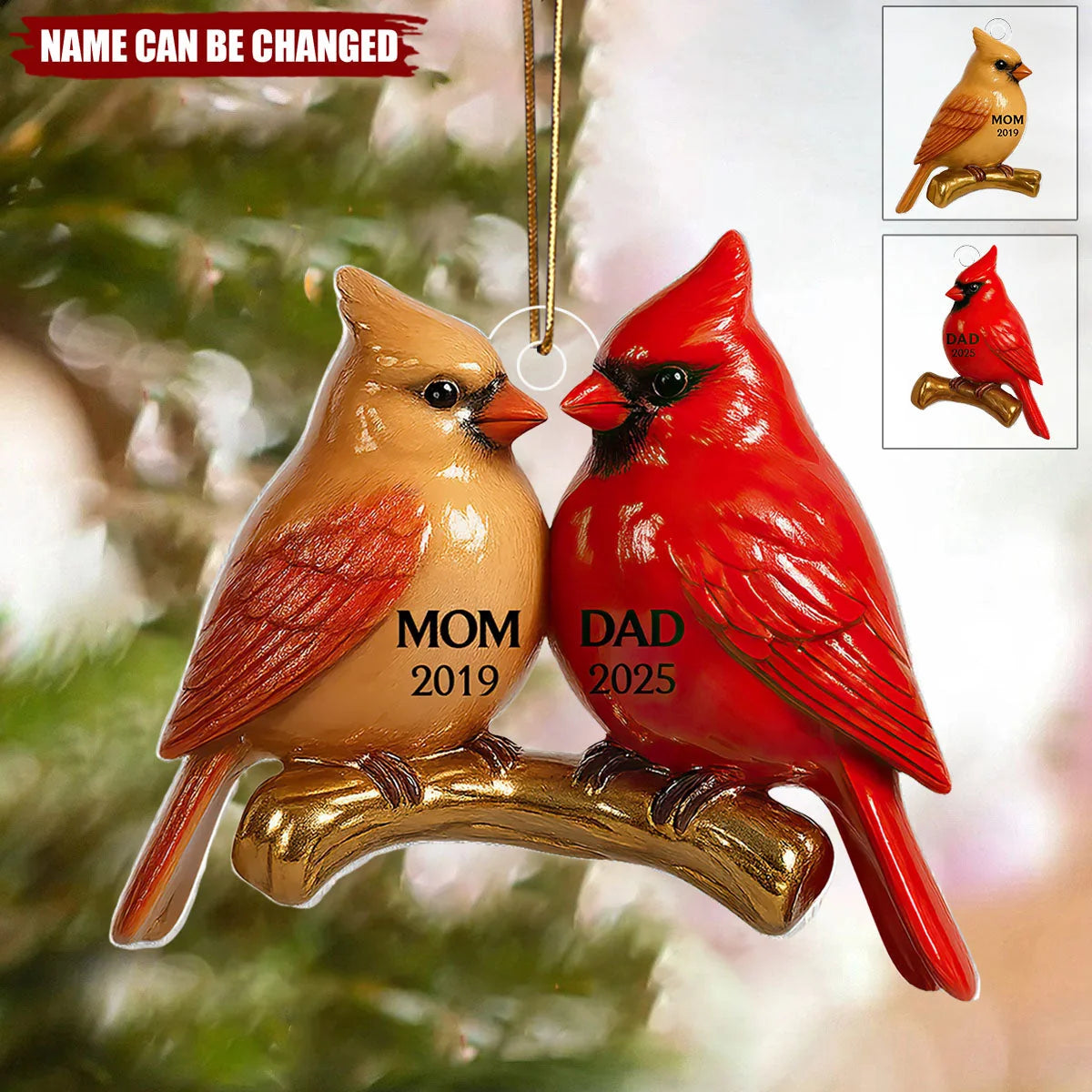 Vintage Cardinals Personalized Memorial Acrylic Ornament - Mom and Dad Keepsake