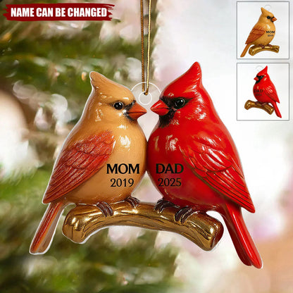 Vintage Cardinals Personalized Memorial Acrylic Ornament - Mom and Dad Keepsake