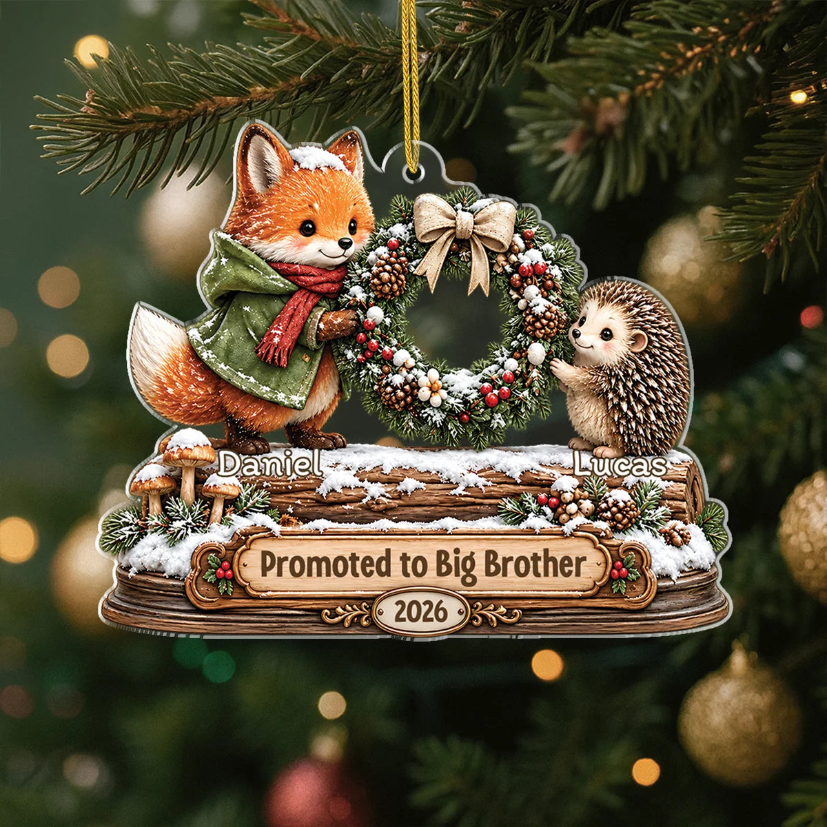 Promoted To Big Sister Personalized Acrylic Ornament - Custom Woodland Sibling Christmas Gift