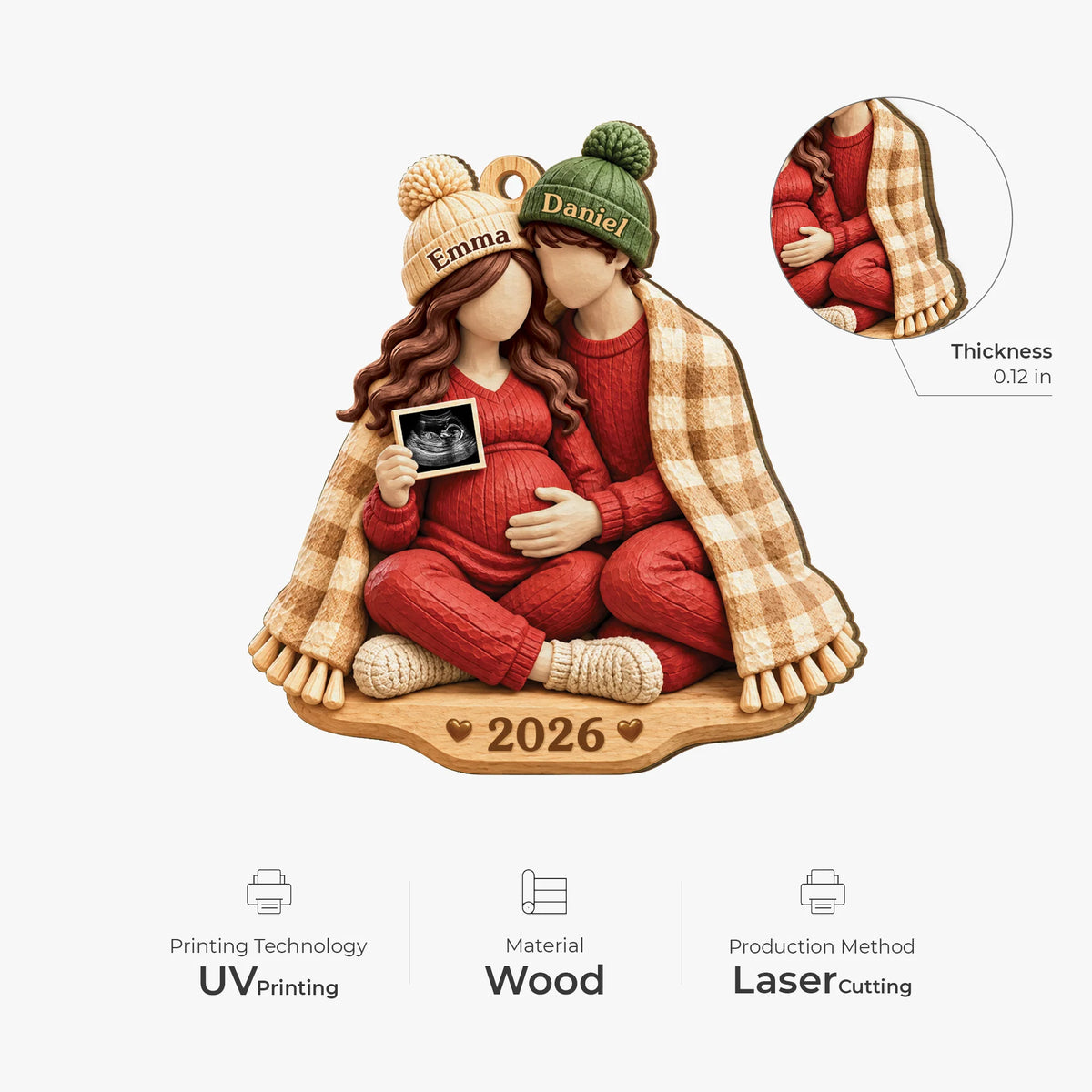 Expecting Couple Personalized Wooden Ornament - Custom Ultrasound Keepsake Gift for New Parents