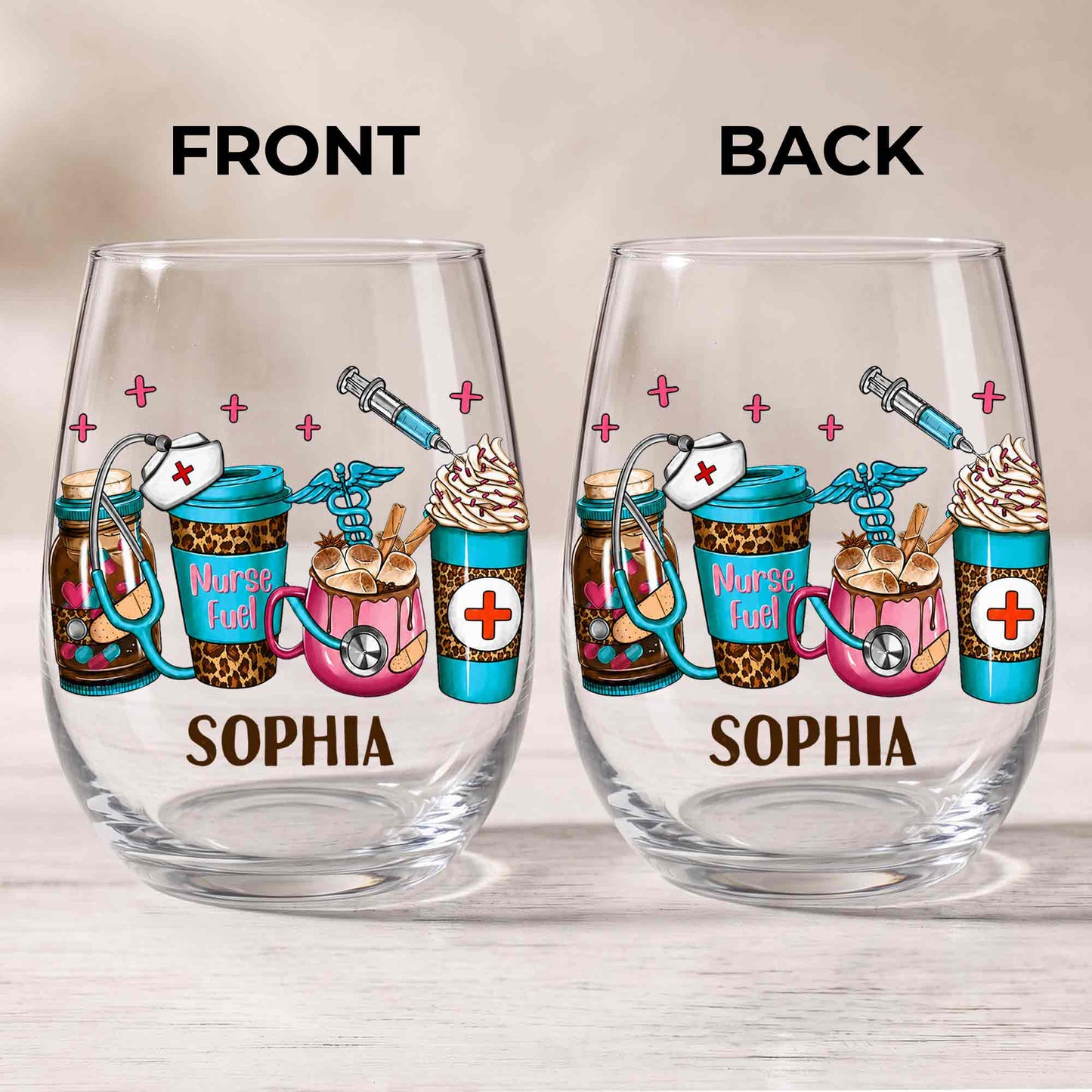 Personalized nurse stemless wine glass with Nurse Fuel leopard coffee cups and medical icons design image 10