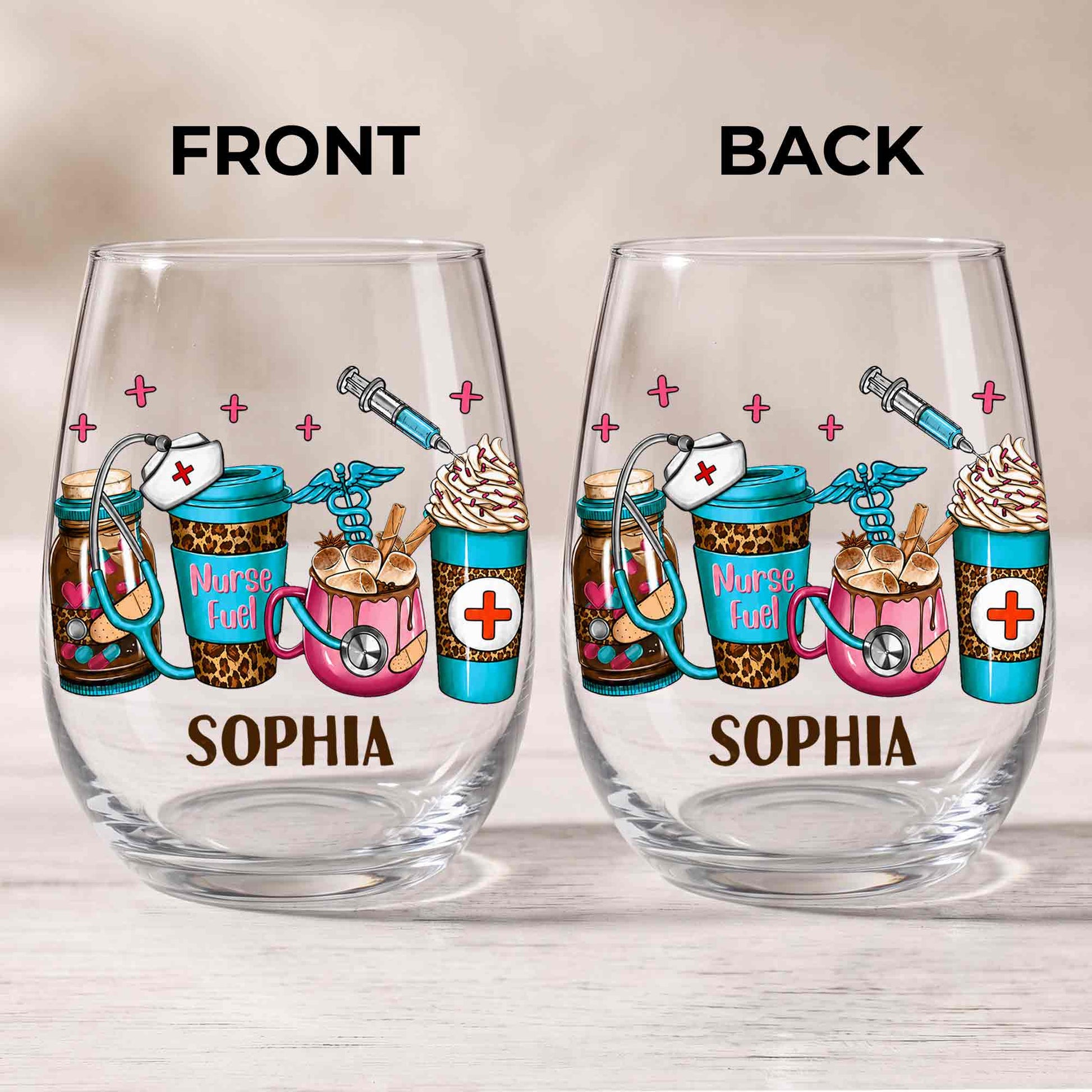 Personalized nurse stemless wine glass with Nurse Fuel leopard coffee cups and medical icons design image 10