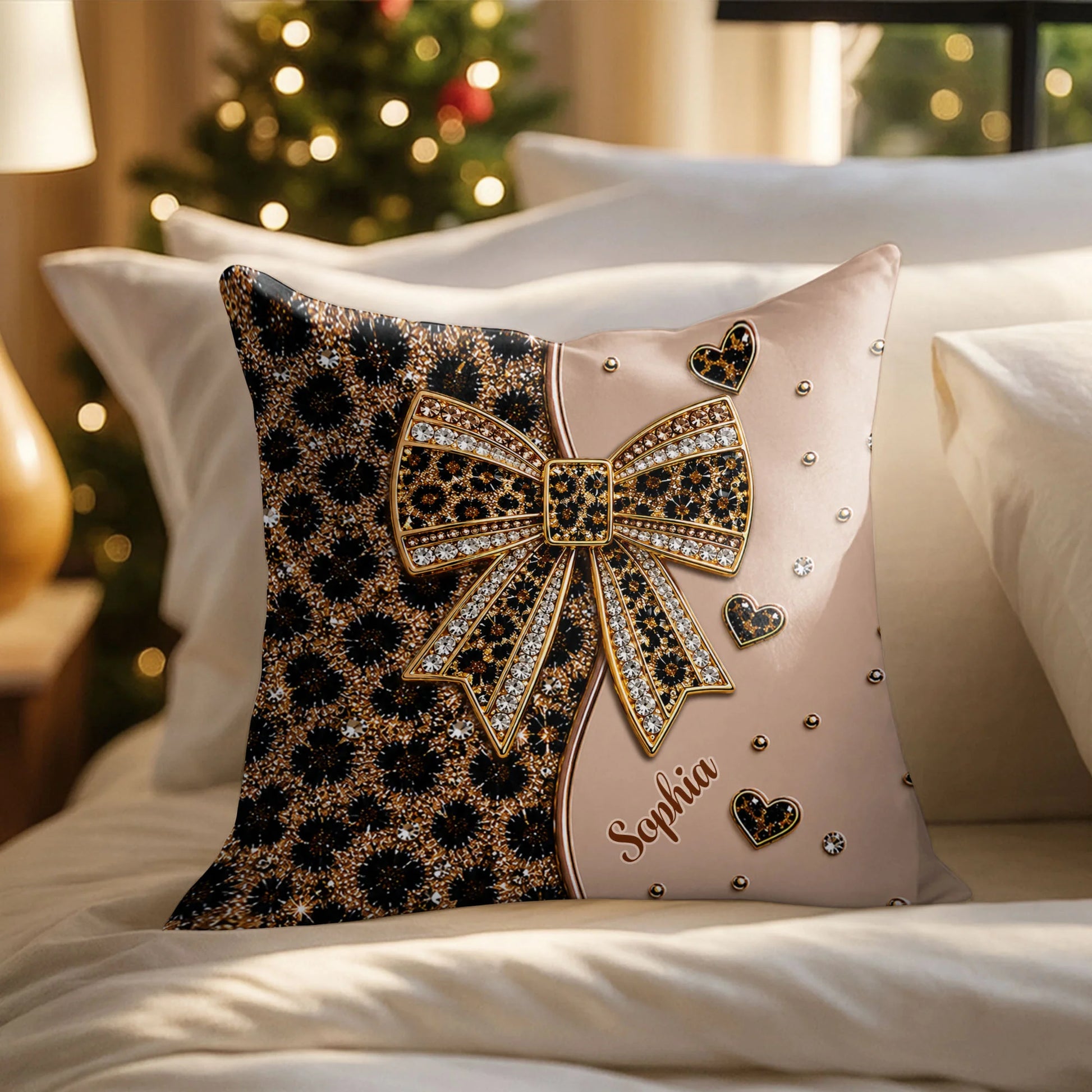 Personalized leopard print pillow featuring a sparkling jeweled bow and custom name, custom gift for her image 6