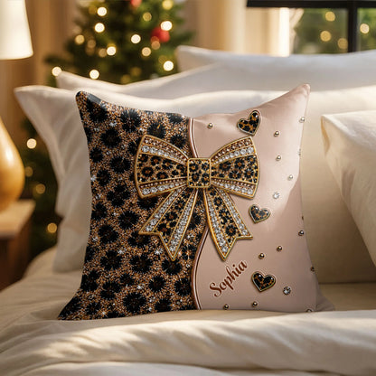 Personalized leopard print pillow featuring a sparkling jeweled bow and custom name, custom gift for her image 6